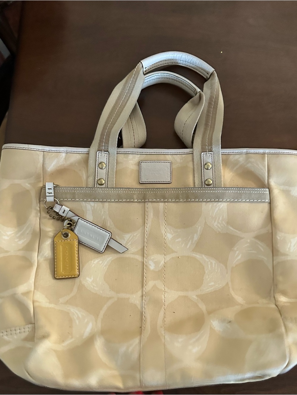 Coach Cream Signature Canvas Tote with Tan Leather Trim